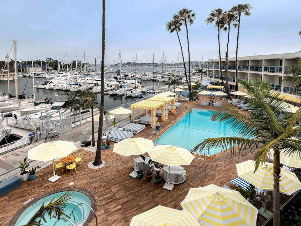 A waterfront marina with sailboats, a hotel pool, palm trees, striped umbrellas, and lounge chairs along the dock.