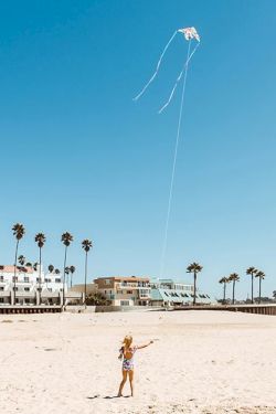 A child plays on a sunny sandy beach as a kite flies high against a blue sky.