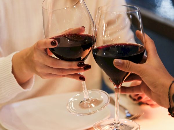 Two people clink glasses of red wine at a table, toasting together in warm light.