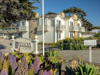 A sunny view of a hotel exterior with a &ldquo;Pacific Inn & Suites&rdquo; sign, landscaped gardens, and a two-story building.