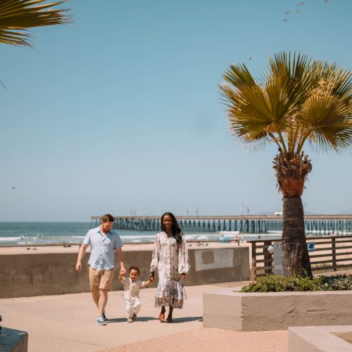 A beach boardwalk scene with palm trees and a family walking along the seaside under a clear blue sky.