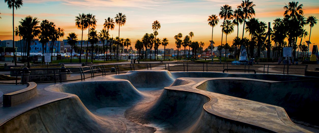 A concrete skate bowl with curving ramps sits by tall palm trees as the sun sets over the beach sky.